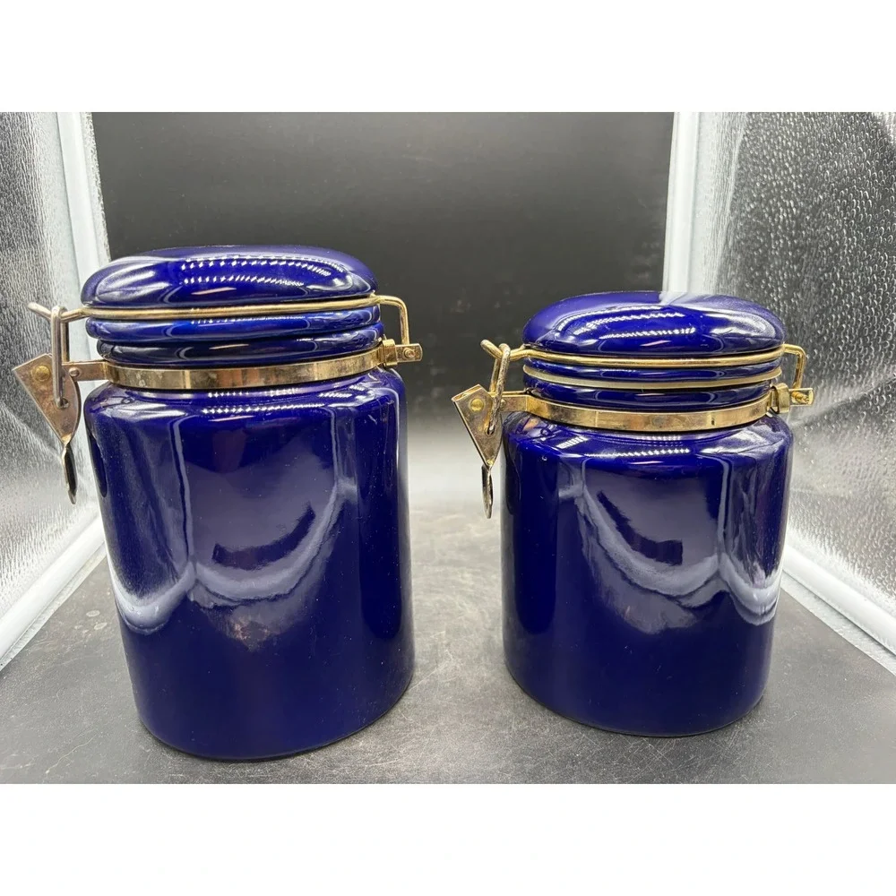 SAC Cobalt Blue Ceramic Canister Set 2 Piece Glossy Gold Tone Clamp Lid Storage